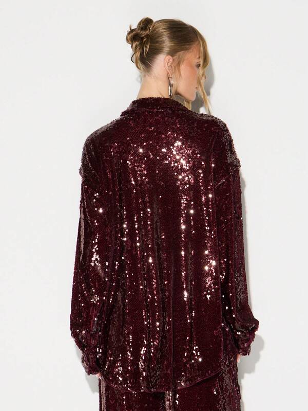KIZN Burgundy Sequin Oversized Button Down Blouse Long Sleeve Sparkle Party Top Holiday Evening Glamour Statement Shirt