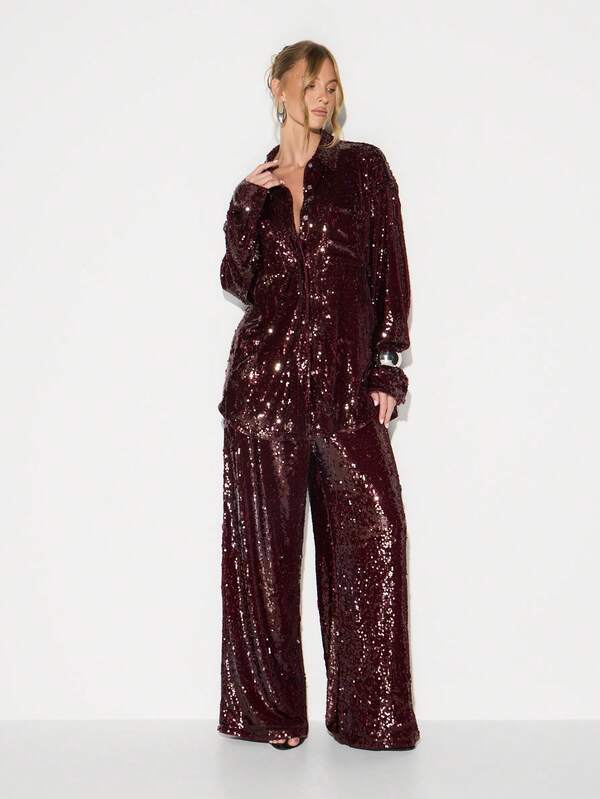 KIZN Burgundy Sequin Oversized Button Down Blouse Long Sleeve Sparkle Party Top Holiday Evening Glamour Statement Shirt