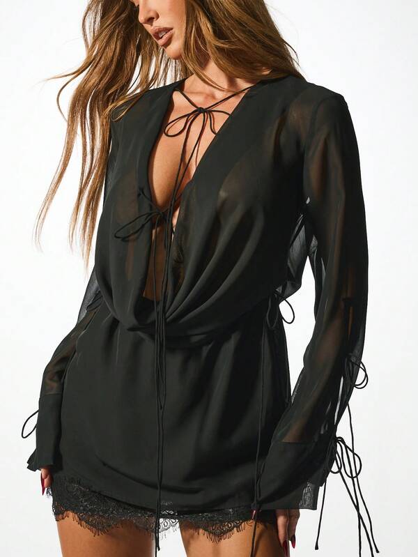 KIZN Chiffon Long Sleeve Mini Dress Lace Trim Plunge Neck Cocktail Party Evening Semi Sheer Design Layered Waist Tie Club Wear Winter Fall Collection