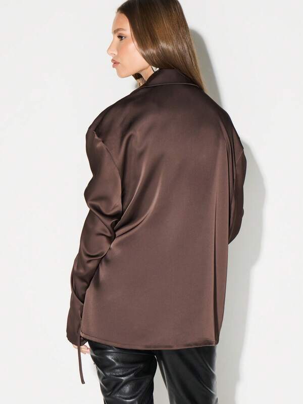 KIZN Chocolate Brown Wrap Blouse With Tie Detail Long Sleeve Satin Shirt For Office Workwear Fall Winter Fashion