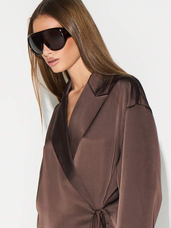 KIZN Chocolate Brown Wrap Blouse With Tie Detail Long Sleeve Satin Shirt For Office Workwear Fall Winter Fashion