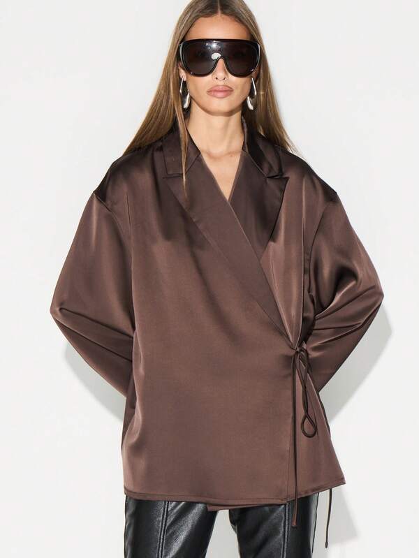 KIZN Chocolate Brown Wrap Blouse With Tie Detail Long Sleeve Satin Shirt For Office Workwear Fall Winter Fashion