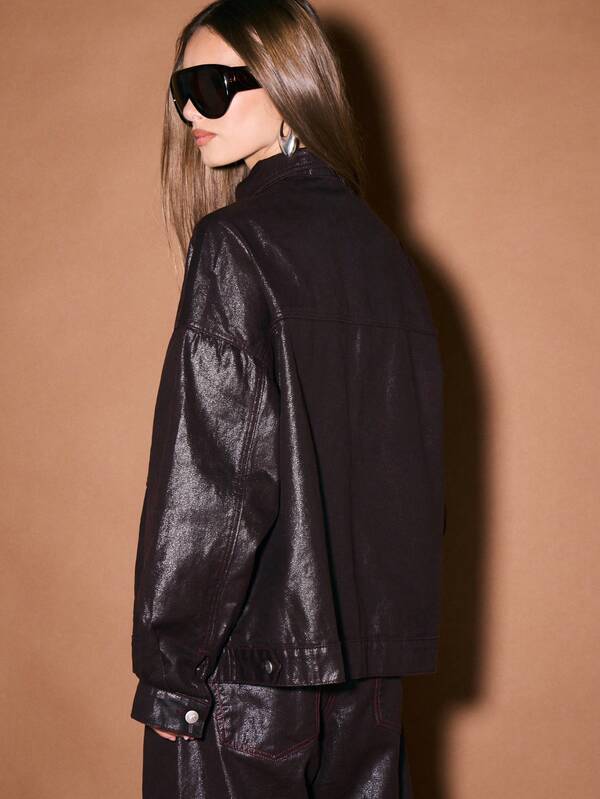 KIZN Coated Denim Jacket Oversized Button Front Long Sleeve Fall Winter Outerwear