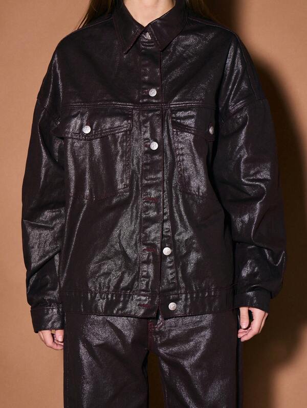 KIZN Coated Denim Jacket Oversized Button Front Long Sleeve Fall Winter Outerwear