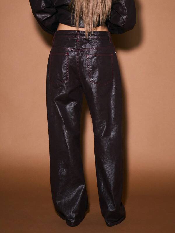 KIZN Coated High Rise Wide Leg Palazzo Jeans With Metallic Finish For Women Fall Winter Party Evening Wear