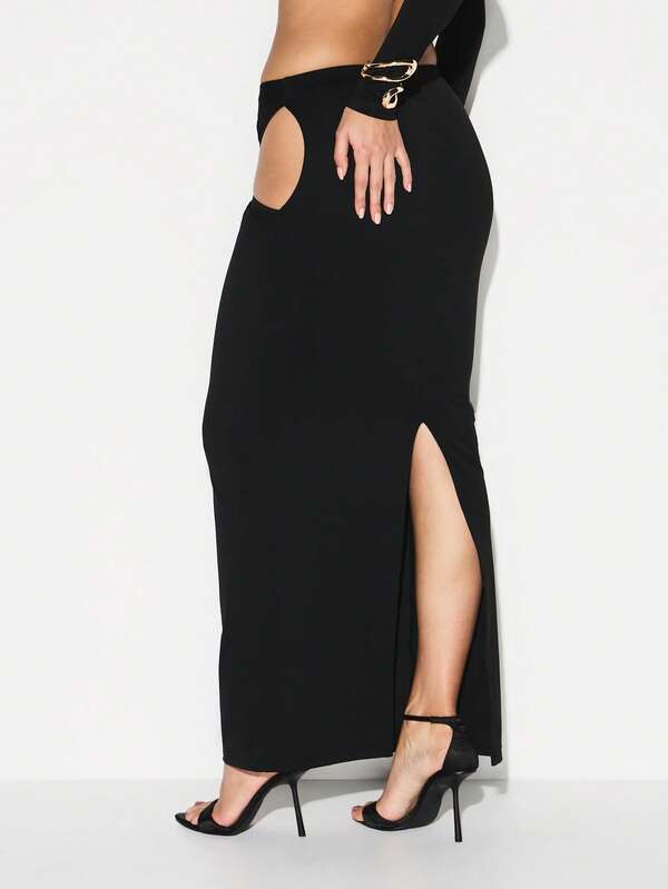 KIZN Cutout Pencil Midi Skirt With Side Split And Metal Hardware Details For Evening Party