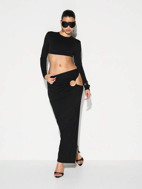 KIZN Cutout Pencil Midi Skirt With Side Split And Metal Hardware Details For Evening Party