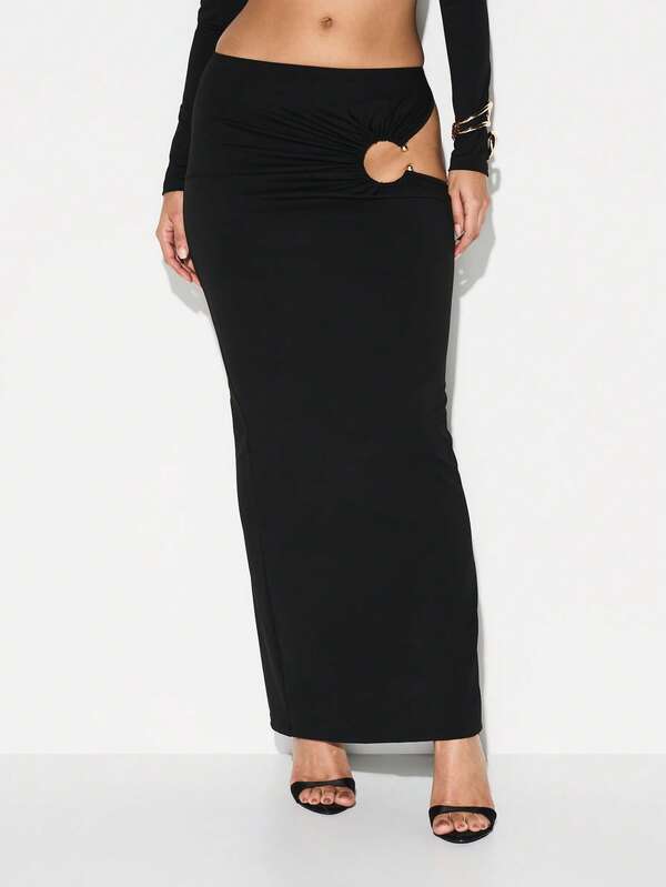 KIZN Cutout Pencil Midi Skirt With Side Split And Metal Hardware Details For Evening Party