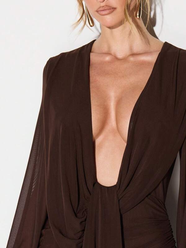 KIZN Deep Plunge Mesh Cowl Drape Detail Long Sleeve Mini Dress With Open Back And Asymmetric Hem For Evening Party Occasions