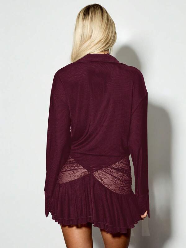 KIZN Deep V Neck Long Sleeve Mesh Lace Panel Mini Dress With Cowl Draping