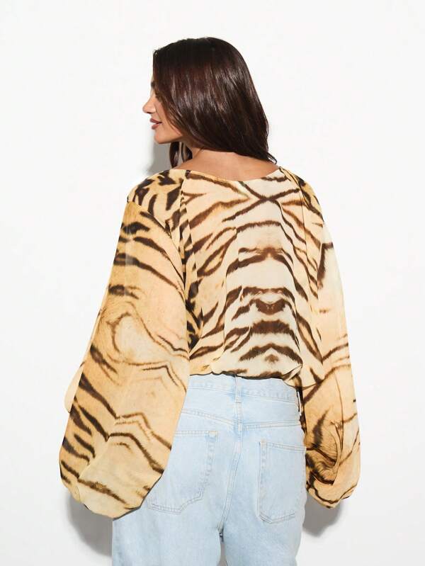KIZN Designer Animal Print Lace Up Top Blouson Sleeve Ruched Spring Summer Festival Party Vacation Casual Club Chic Blouse