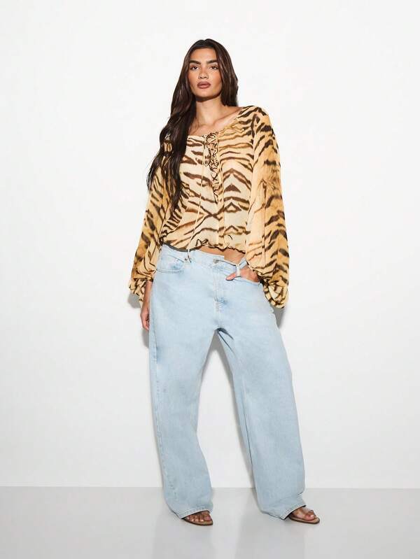 KIZN Designer Animal Print Lace Up Top Blouson Sleeve Ruched Spring Summer Festival Party Vacation Casual Club Chic Blouse
