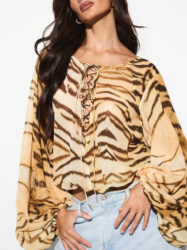 KIZN Designer Animal Print Lace Up Top Blouson Sleeve Ruched Spring Summer Festival Party Vacation Casual Club Chic Blouse