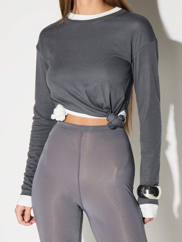 KIZN Double Layer Knot Detail Long Sleeve Crop Top Casual Comfort Layered Style