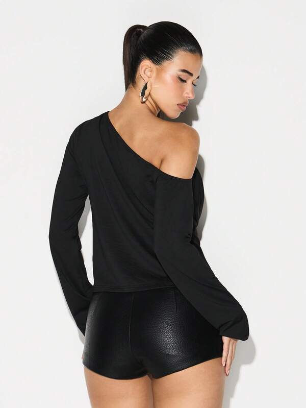 KIZN Draped Off Shoulder Long Sleeve Blouse With Plunge Neckline Ruched Detail Evening Party Top