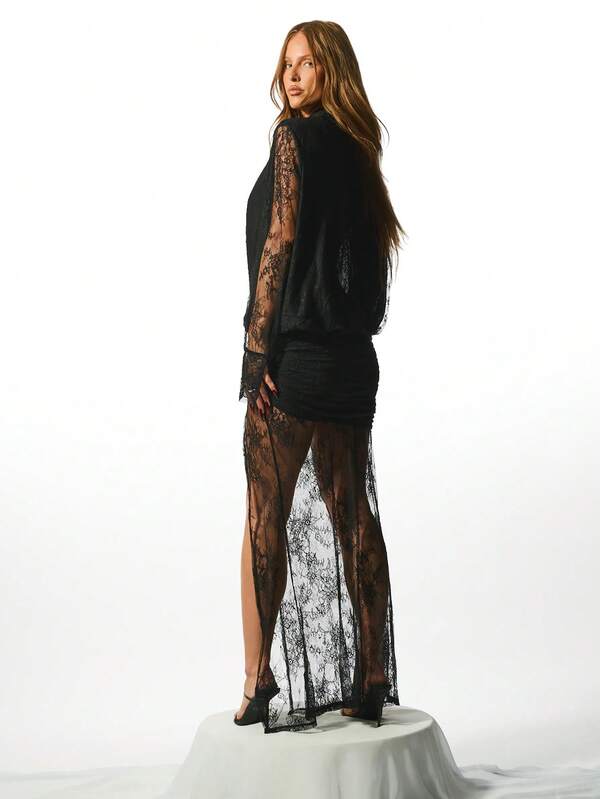 KIZN Elegant Plunging Neckline Sheer Lace Maxi Dress Long Sleeve Draped Evening Party Special Occasion Deep V Neck Ruched Waist Gown