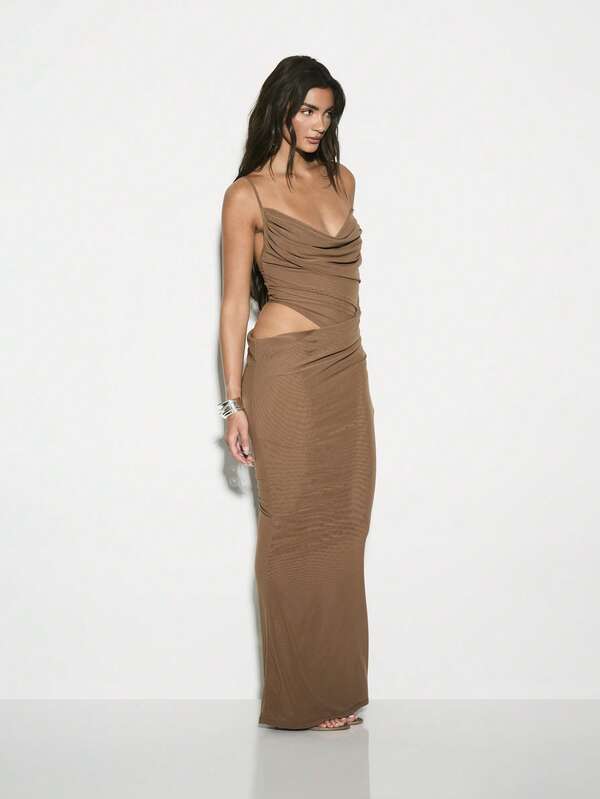 KIZN Elegant Ruched Cowl Neck Maxi Dress With Side Cutout Detail Evening Gown Party Wedding Guest Special Occasion Floor Length Bodycon Dress