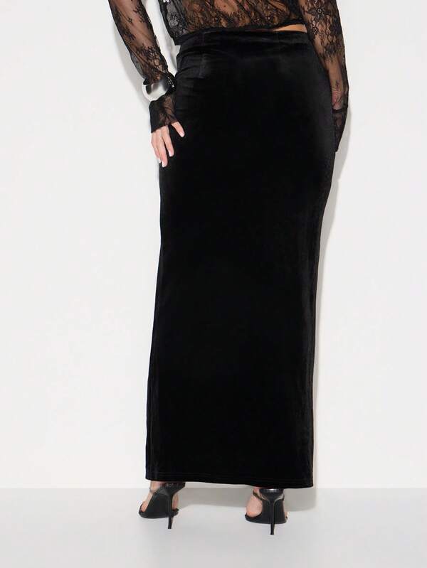 KIZN Elegant Velvet Maxi Skirt With High Slit For Evening Party Wedding Guest Cocktail Formal Occasion