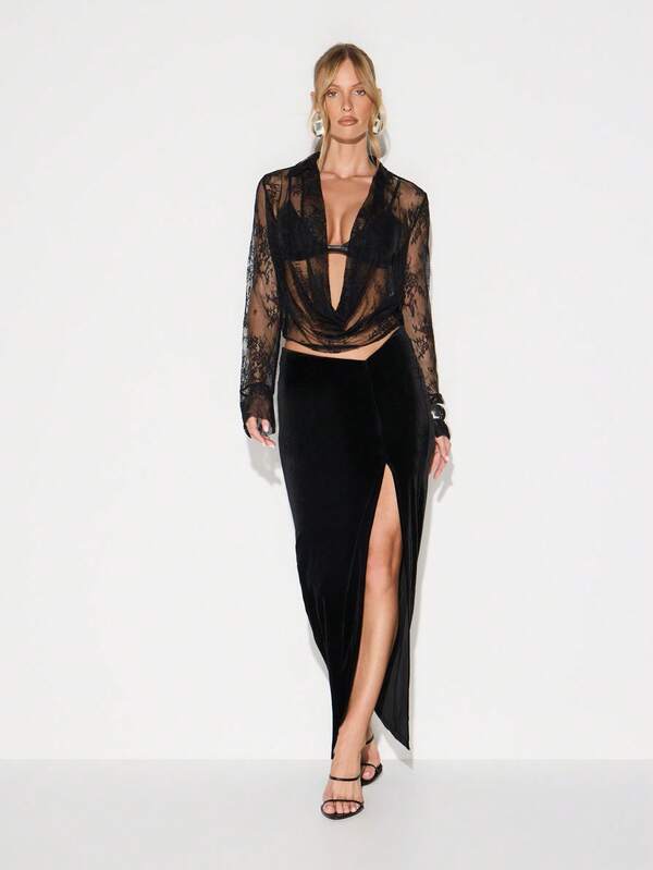 KIZN Elegant Velvet Maxi Skirt With High Slit For Evening Party Wedding Guest Cocktail Formal Occasion