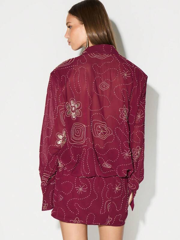 KIZN Embellished Burgundy Long Sleeve Mini Dress With Beaded Floral Pattern For Party Evening Cocktail Occasions