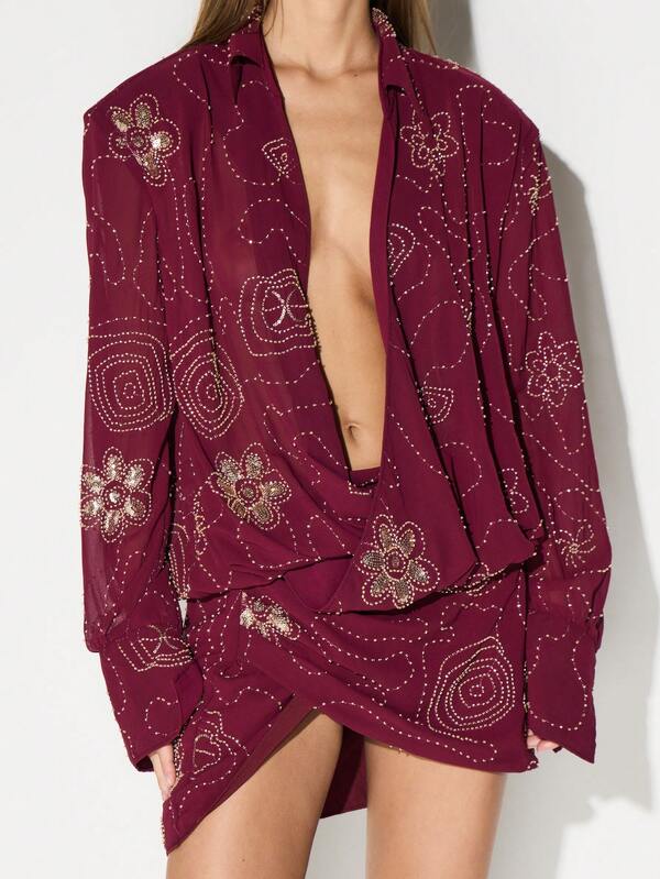 KIZN Embellished Burgundy Long Sleeve Mini Dress With Beaded Floral Pattern For Party Evening Cocktail Occasions