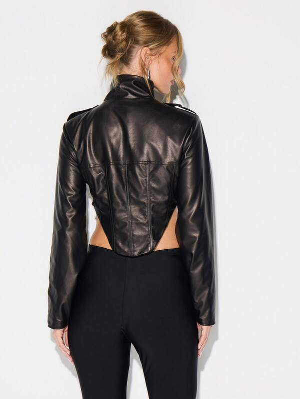 KIZN Extreme Dipped Cropped Leather Biker Jacket With Stand Collar And Front Zip Closure