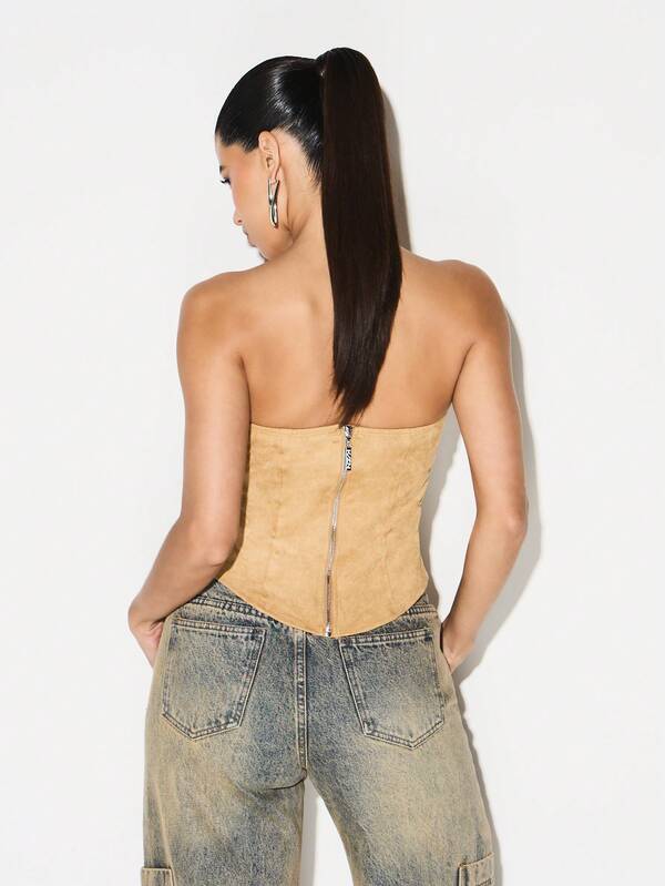 KIZN Faux Suede Strapless Corset Top With Zip Back Closure Bustier Style Bodycon