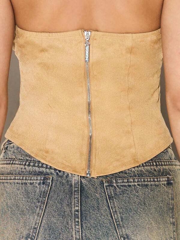 KIZN Faux Suede Strapless Corset Top With Zip Back Closure Bustier Style Bodycon