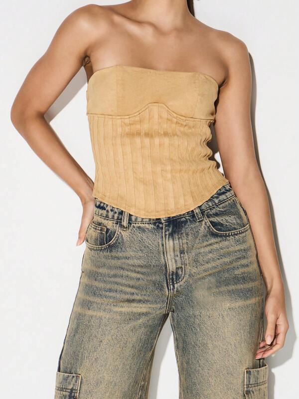 KIZN Faux Suede Strapless Corset Top With Zip Back Closure Bustier Style Bodycon