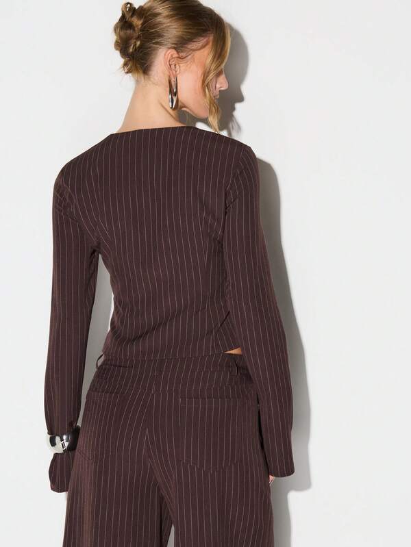 KIZN Flare Sleeve Pinstripe Hook And Eye Square Neck Button Front Top For Office Professional Work