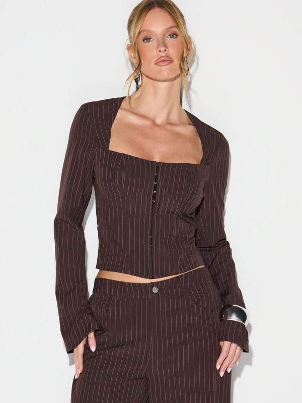 KIZN Flare Sleeve Pinstripe Hook And Eye Square Neck Button Front Top For Office Professional Work