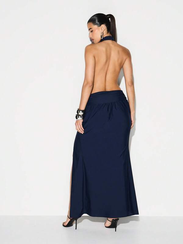 KIZN Halter High Neck Maxi Dress With Ruched Detailing And Side Slit Opening