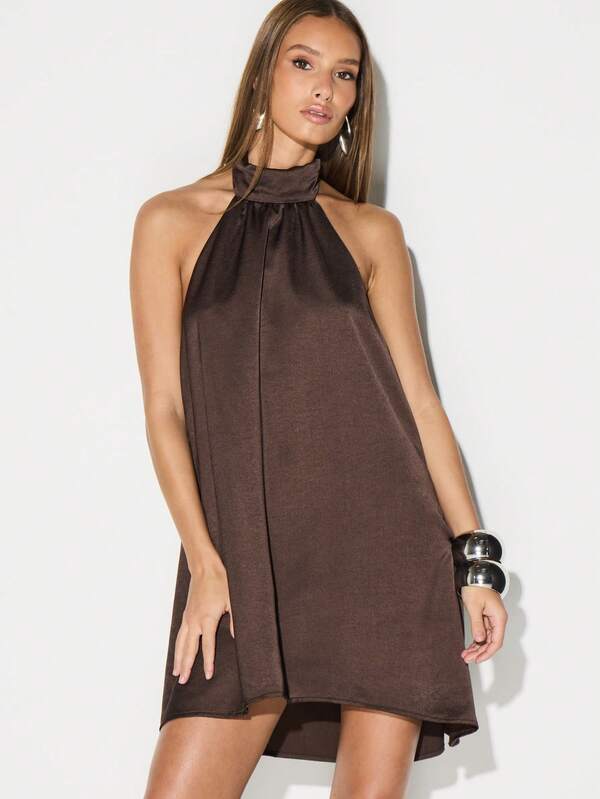 KIZN Halter Neck Backless Mini Dress Cowl Neckline Sleeveless Party Club Evening Cocktail Dress