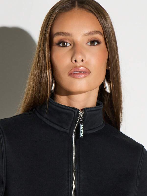 KIZN High Neck Zip Up Cropped Jacket With Full Zipper Closure For Winter Layering And Fall Outerwear