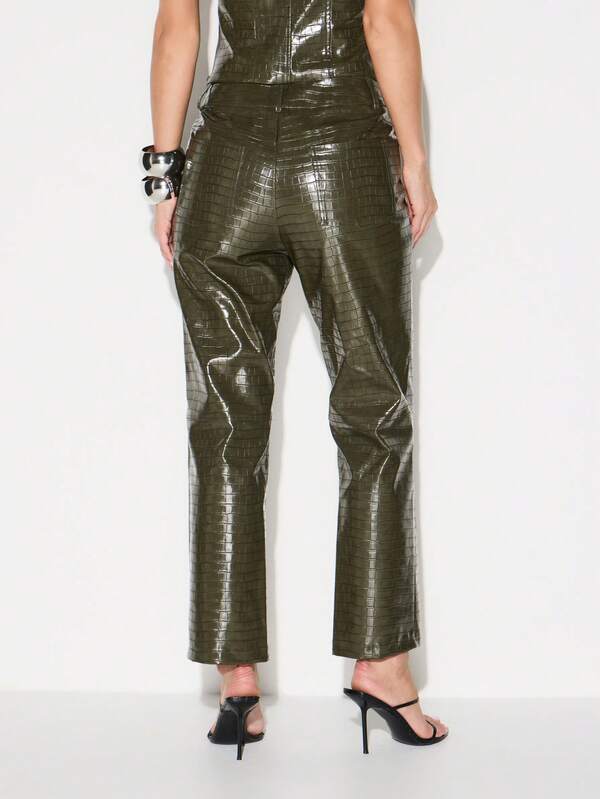 KIZN High Rise Faux Leather Pants With Crocodile Embossed Pattern For Women
