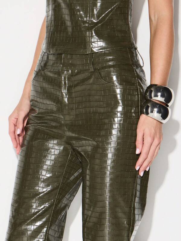 KIZN High Rise Faux Leather Pants With Crocodile Embossed Pattern For Women