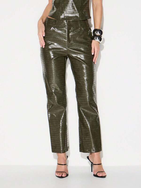 KIZN High Rise Faux Leather Pants With Crocodile Embossed Pattern For Women