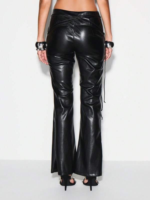 KIZN High Rise Leather Flare Pants With Lace Up Front And Braided Belt Details