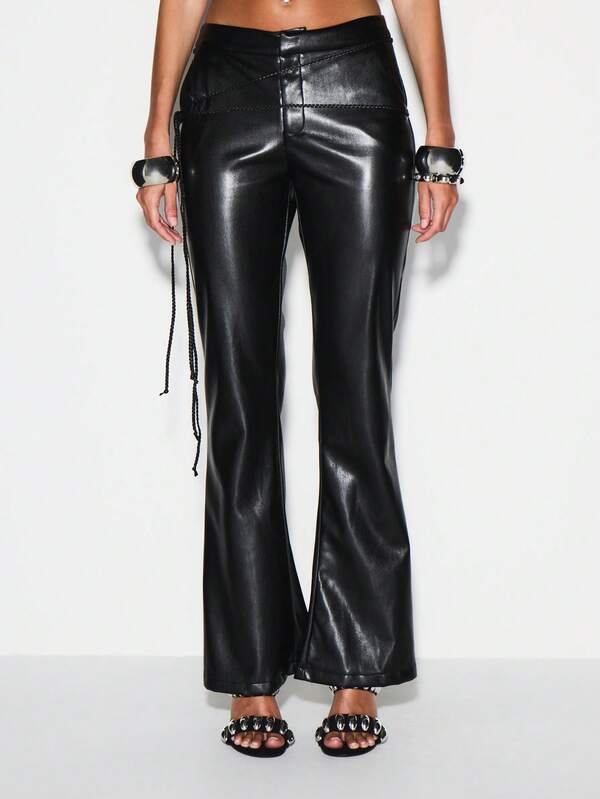 KIZN High Rise Leather Flare Pants With Lace Up Front And Braided Belt Details