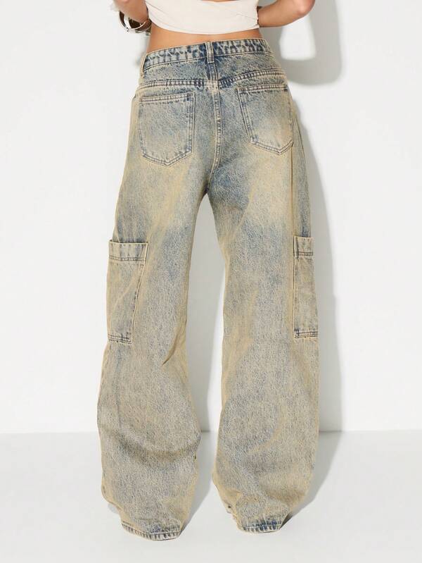 KIZN High Rise Washed Cargo Jeans Wide Leg Palazzo Denim Pants With Utility Pockets