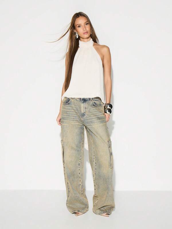 KIZN High Rise Washed Cargo Jeans Wide Leg Palazzo Denim Pants With Utility Pockets