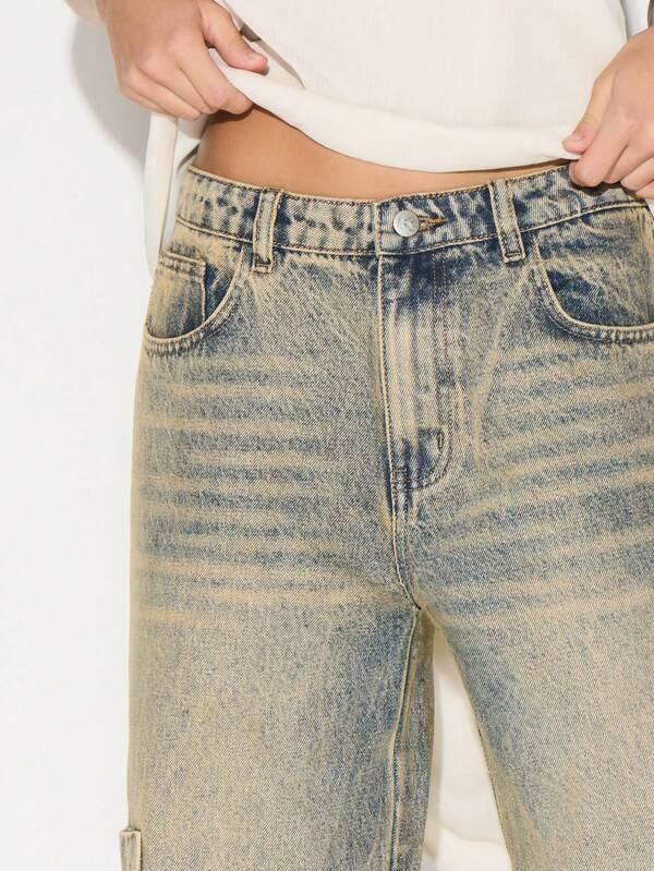 KIZN High Rise Washed Cargo Jeans Wide Leg Palazzo Denim Pants With Utility Pockets
