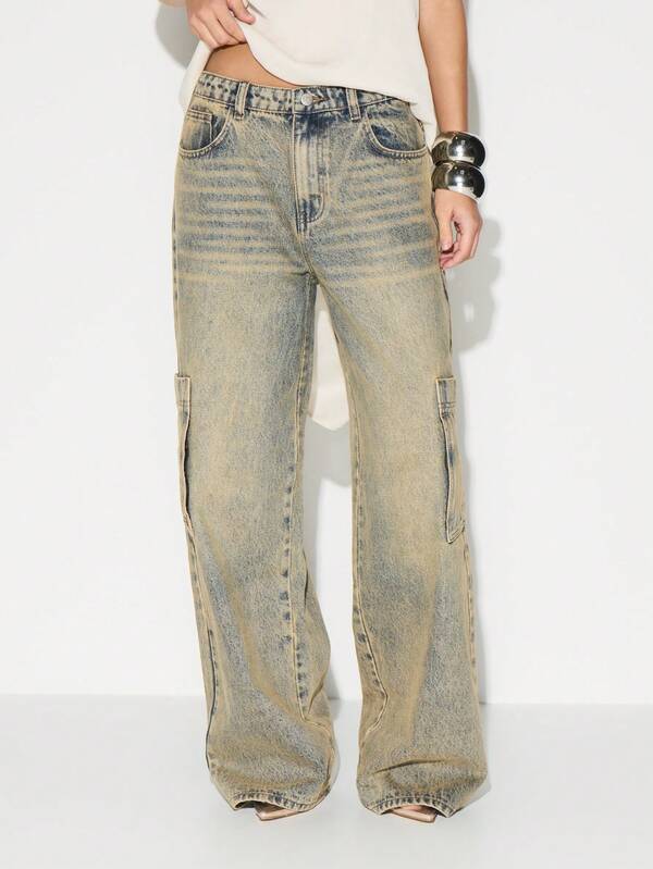 KIZN High Rise Washed Cargo Jeans Wide Leg Palazzo Denim Pants With Utility Pockets