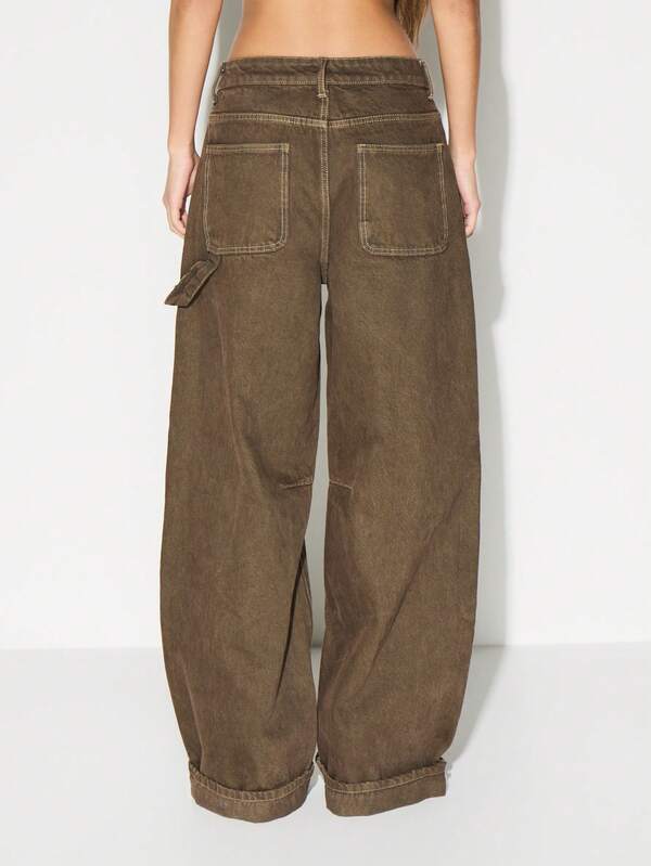 KIZN High Rise Wide Leg Cargo Jeans With Side Pockets And Cuffed Hem For Casual Weekend Outfits