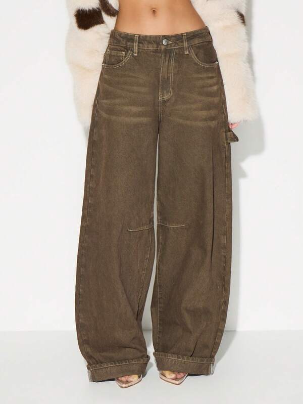 KIZN High Rise Wide Leg Cargo Jeans With Side Pockets And Cuffed Hem For Casual Weekend Outfits
