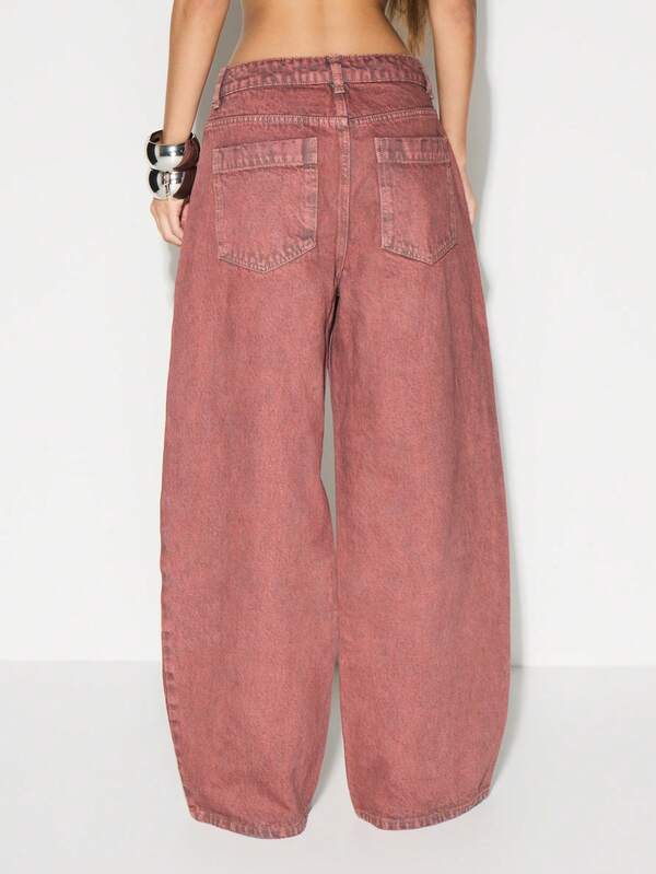 KIZN High Rise Wide Leg Denim Jeans With Drawstring Waist Vintage Washed Palazzo Style