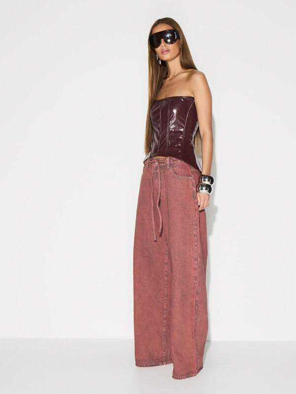 KIZN High Rise Wide Leg Denim Jeans With Drawstring Waist Vintage Washed Palazzo Style