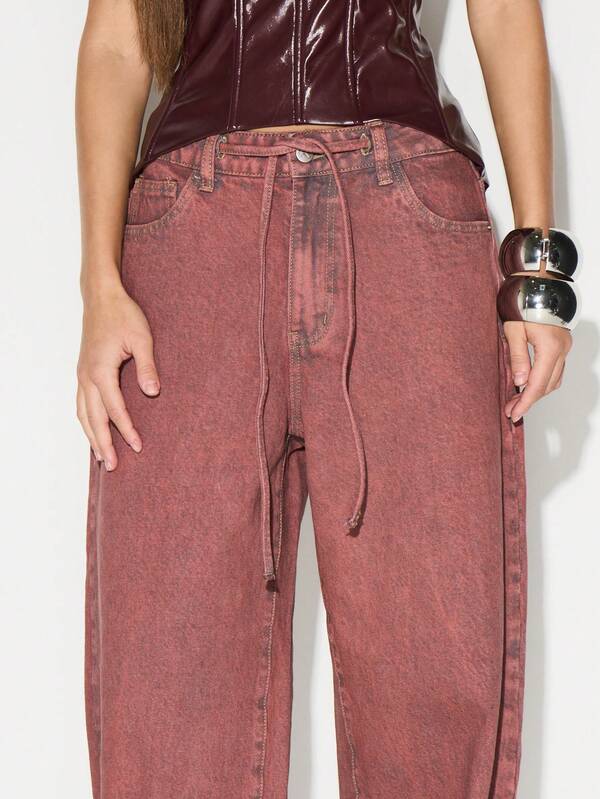 KIZN High Rise Wide Leg Denim Jeans With Drawstring Waist Vintage Washed Palazzo Style