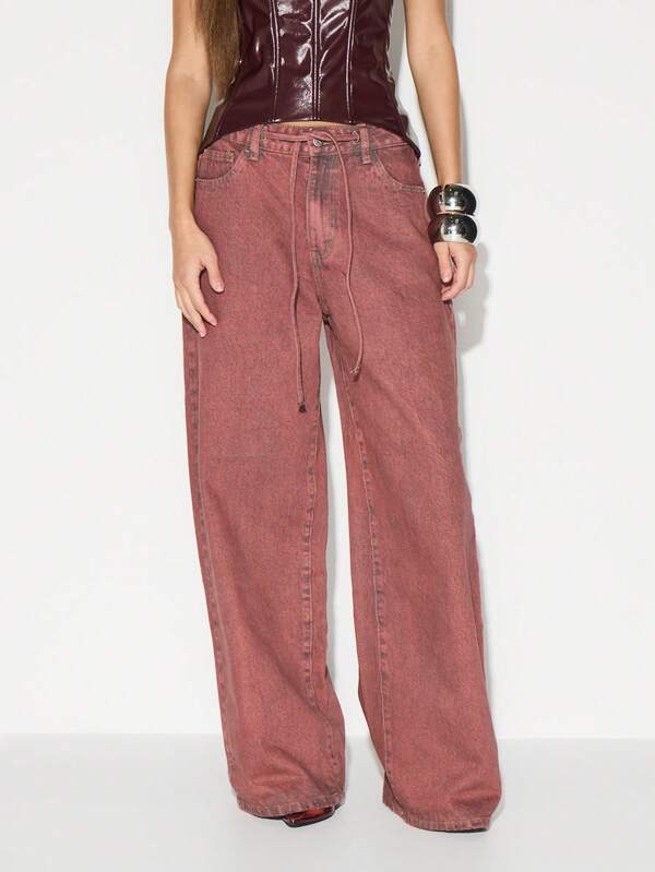 KIZN High Rise Wide Leg Denim Jeans With Drawstring Waist Vintage Washed Palazzo Style