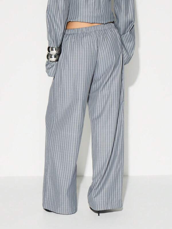 KIZN High Rise Wide Leg Striped Palazzo Trousers With Drawstring Waist For Casual Office Wear